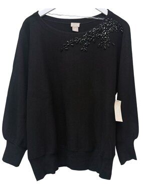 Chicos Womens Large Black Sweater Rhinestone Beaded Accent Rayon Blend Knit NWT